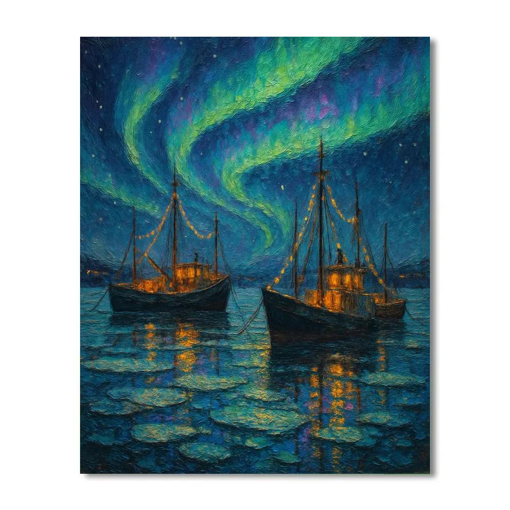 Midwinter Aurora Over Frozen Harbor paint by numbers