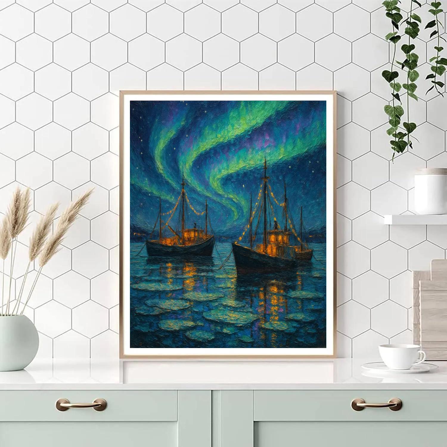 Midwinter Aurora Over Frozen Harbor paint by numbers