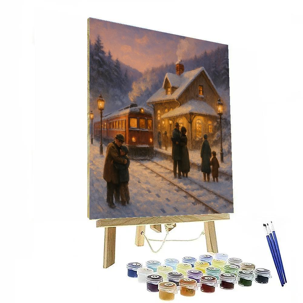 Christmas Eve Hillside Train Station paint by numbers