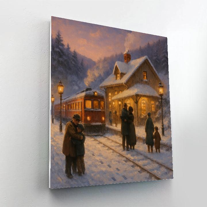 Christmas Eve Hillside Train Station paint by numbers
