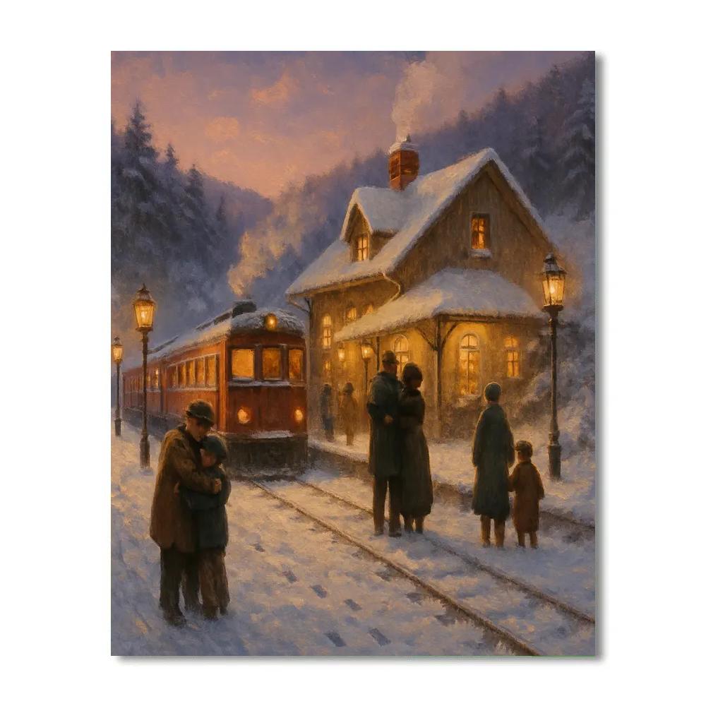 Christmas Eve Hillside Train Station paint by numbers