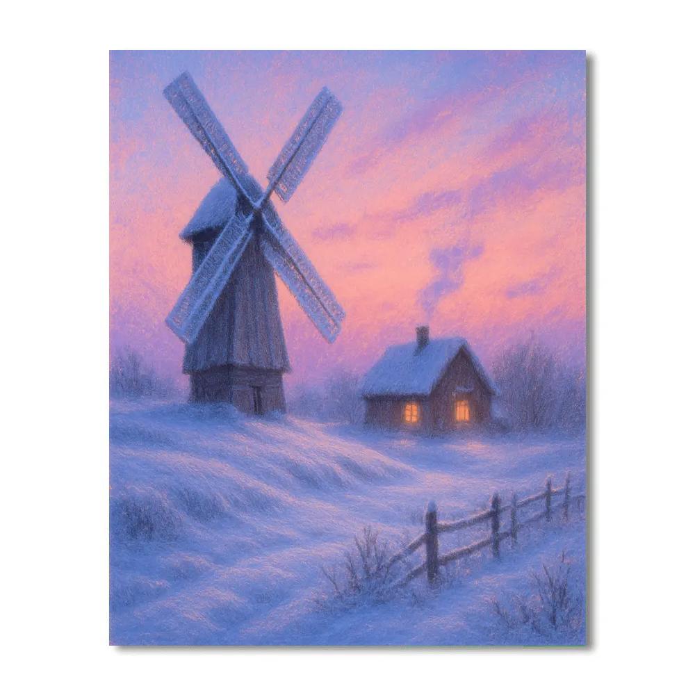 Snow Covered Windmill At Twilight Number painting