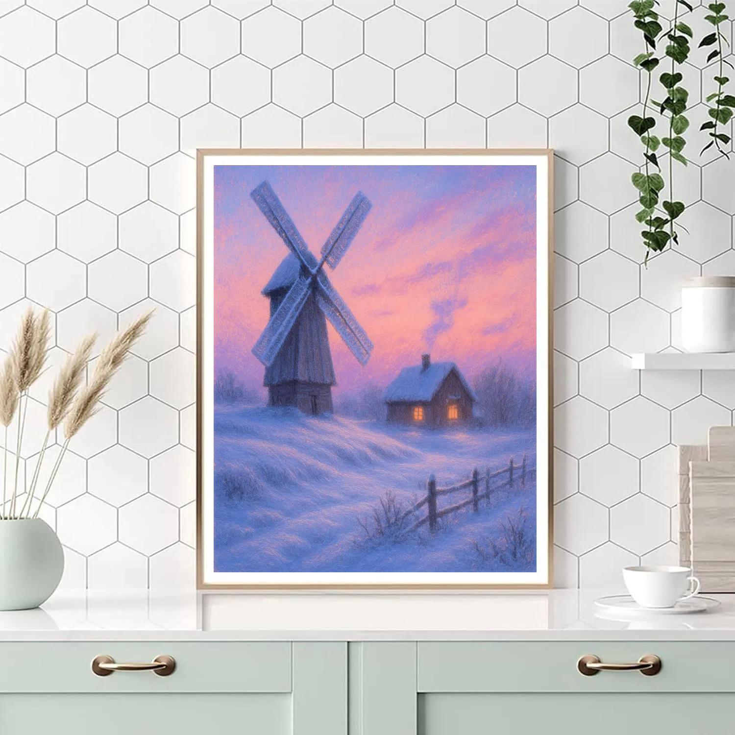 Snow Covered Windmill At Twilight Number painting