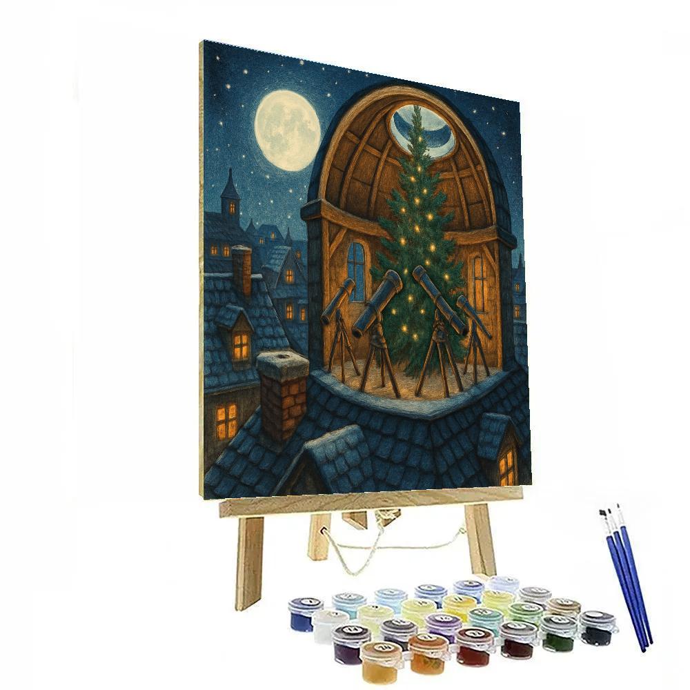 Snowy Rooftop Evergreen Observatory painting number kit