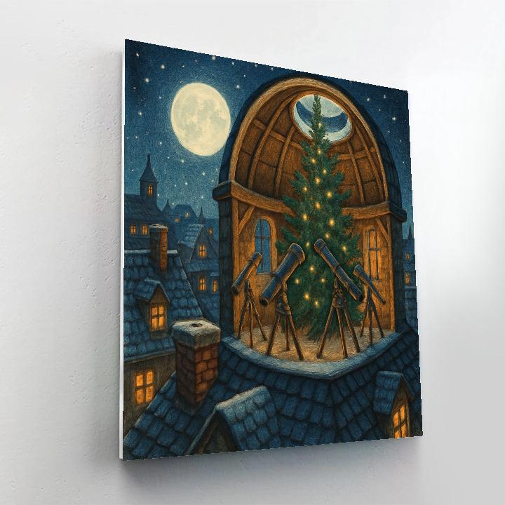 Snowy Rooftop Evergreen Observatory painting number kit