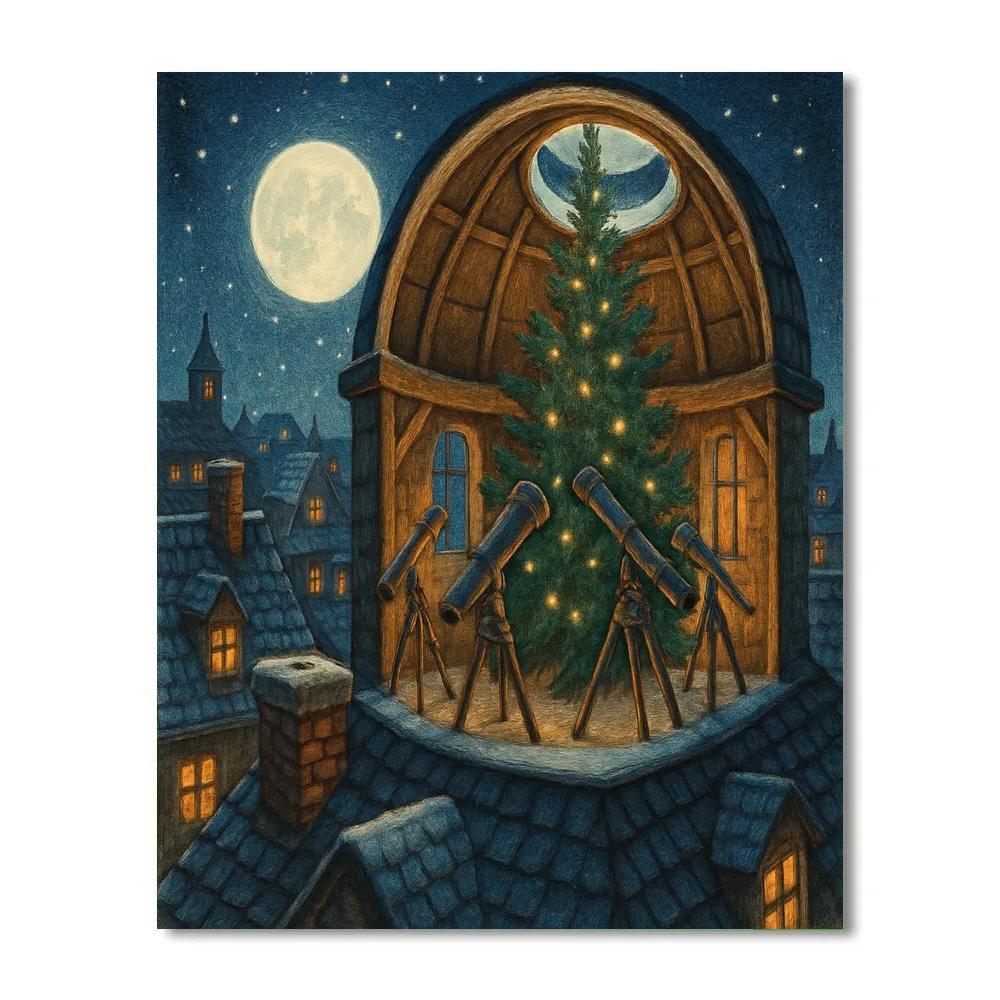 Snowy Rooftop Evergreen Observatory painting number kit