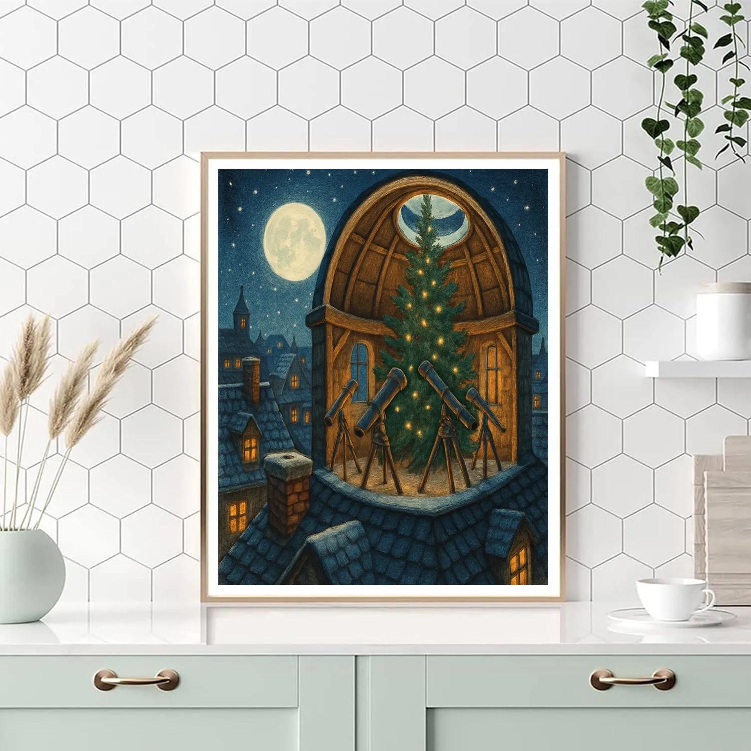 Snowy Rooftop Evergreen Observatory painting number kit