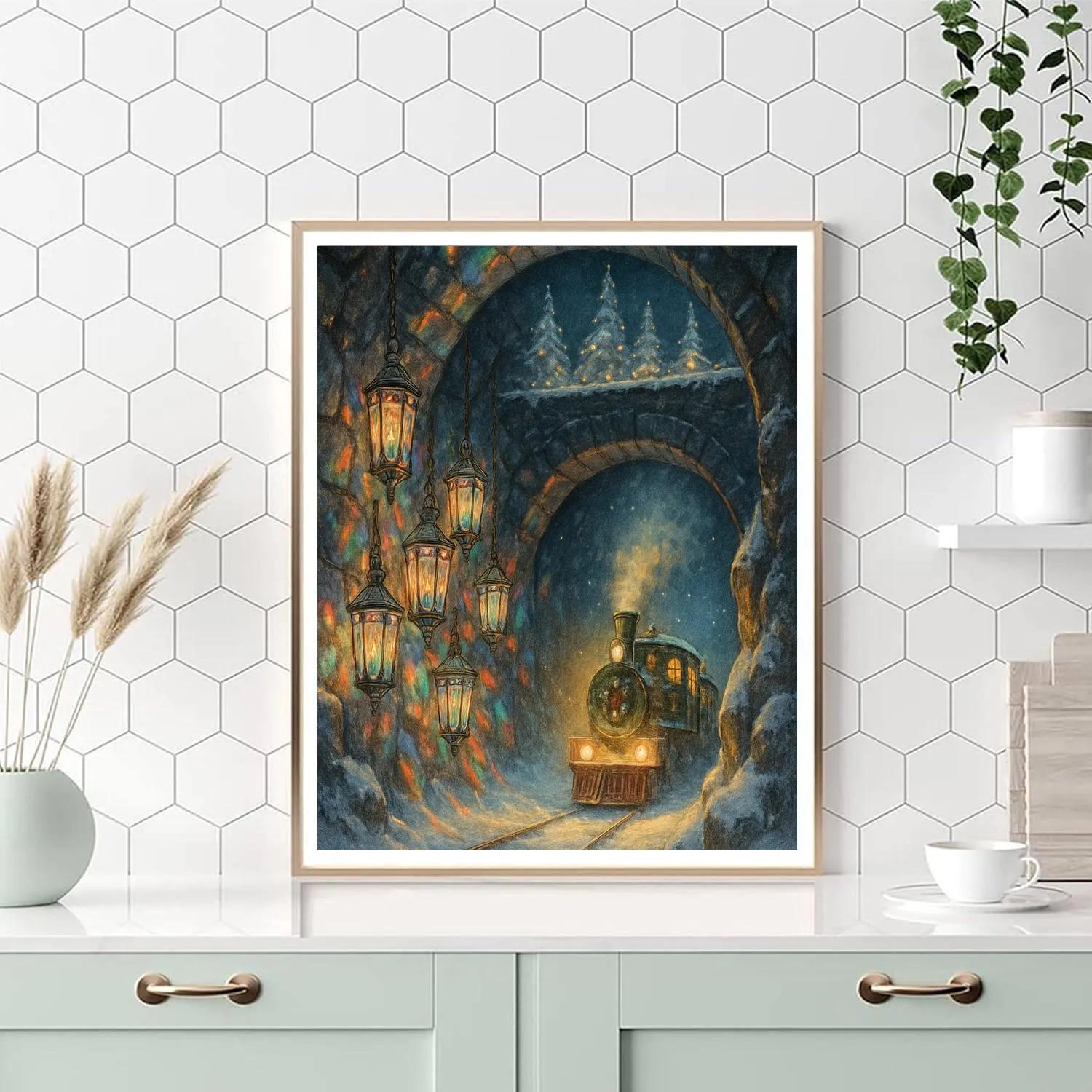 Crystal Lantern Winter Train Tunnel paint by numbers