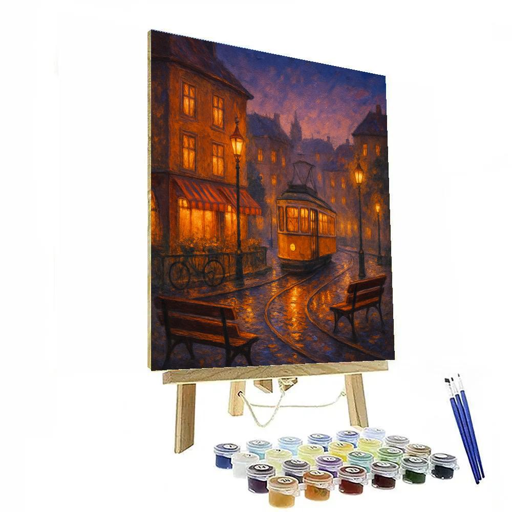 Twilight Tram Over Cobblestone Square Paint by numbers kits