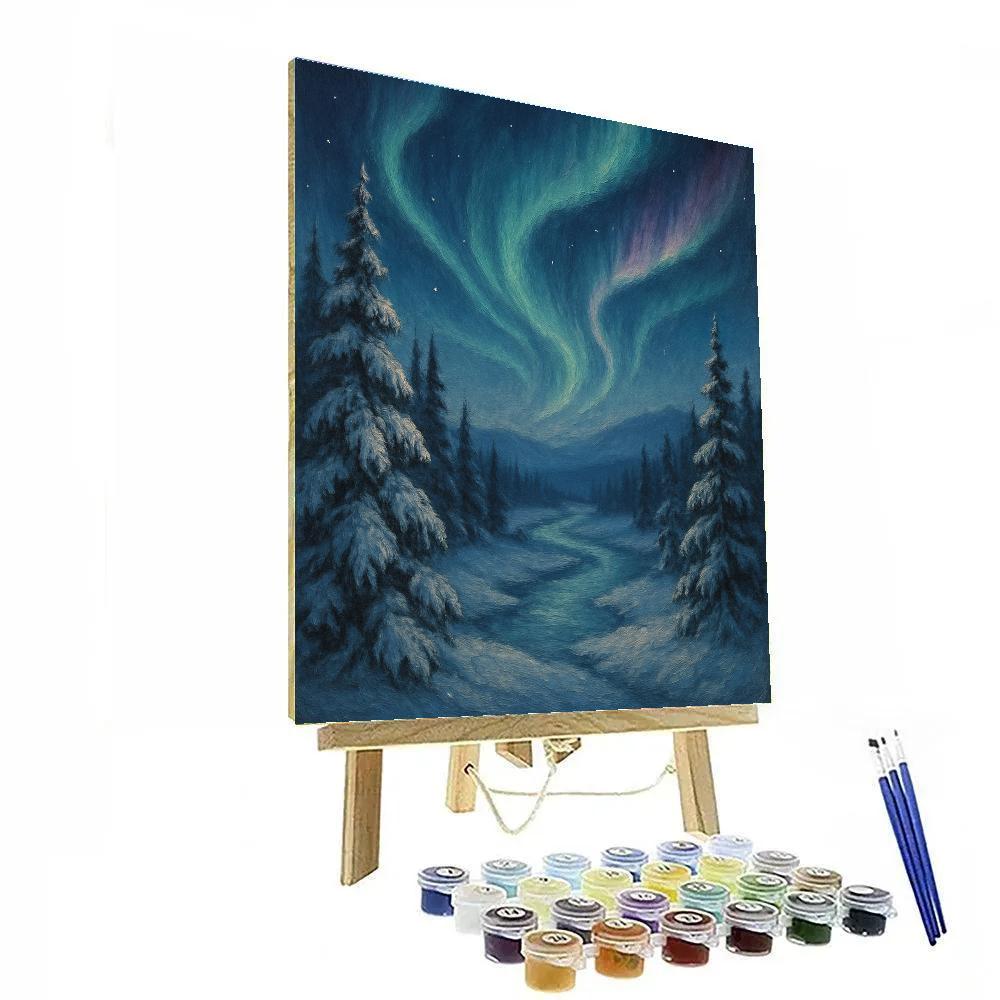 Midnight Aurora Over Silent Spruce Valley paint by number