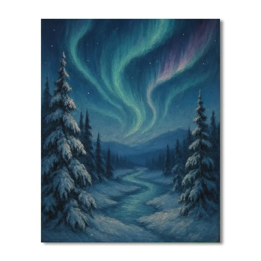 Midnight Aurora Over Silent Spruce Valley paint by number