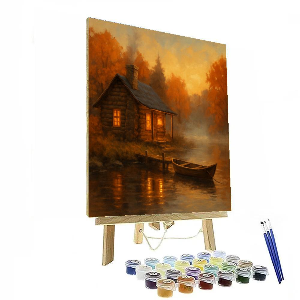 Cabin Lantern Glow Over Quiet Autumn Lake Painting by numbers kit