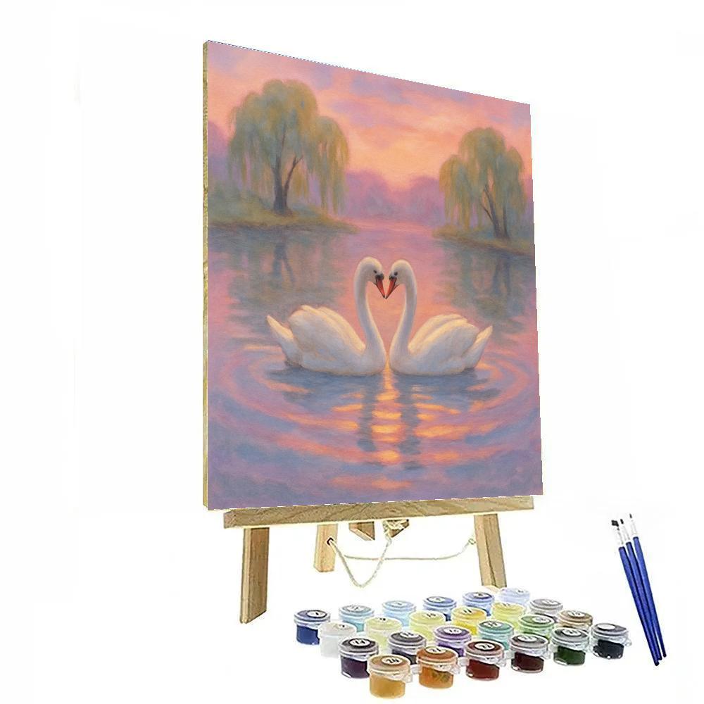 Lavender Sunset Swans On Storybook Lake Paint by numbers art