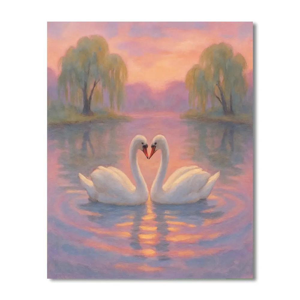 Lavender Sunset Swans On Storybook Lake Paint by numbers art