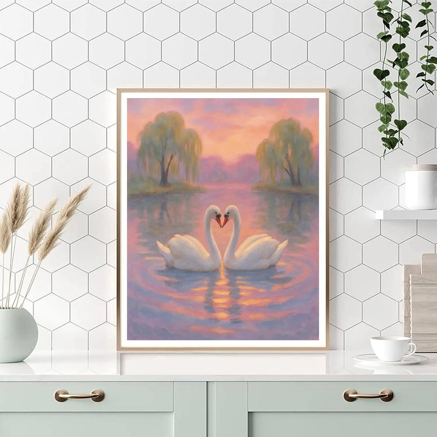 Lavender Sunset Swans On Storybook Lake Paint by numbers art