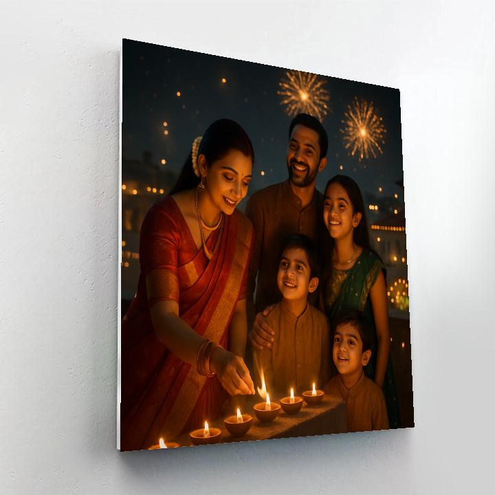 Diwali Night Diyas And Fireworks Terrace painting number kit