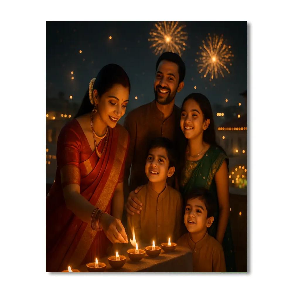 Diwali Night Diyas And Fireworks Terrace painting number kit