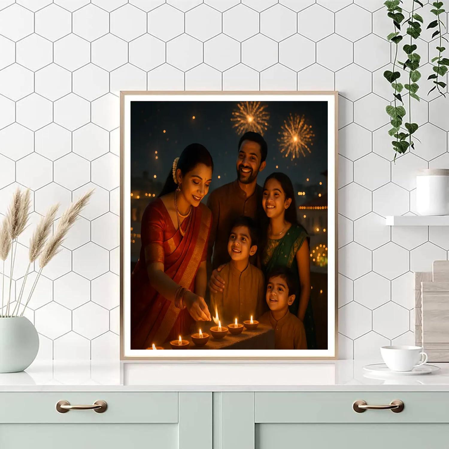Diwali Night Diyas And Fireworks Terrace painting number kit