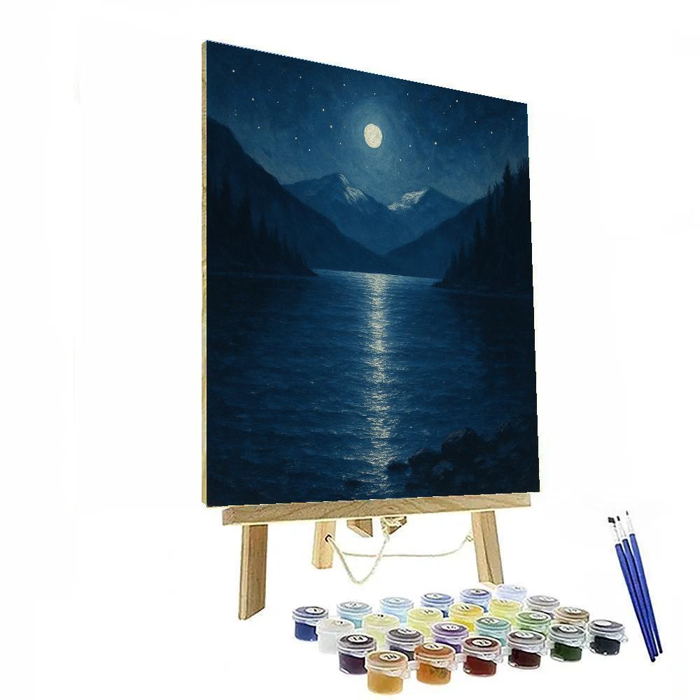 Moonbeam Path Across Silent Mountain Lake Painting by numbers kit
