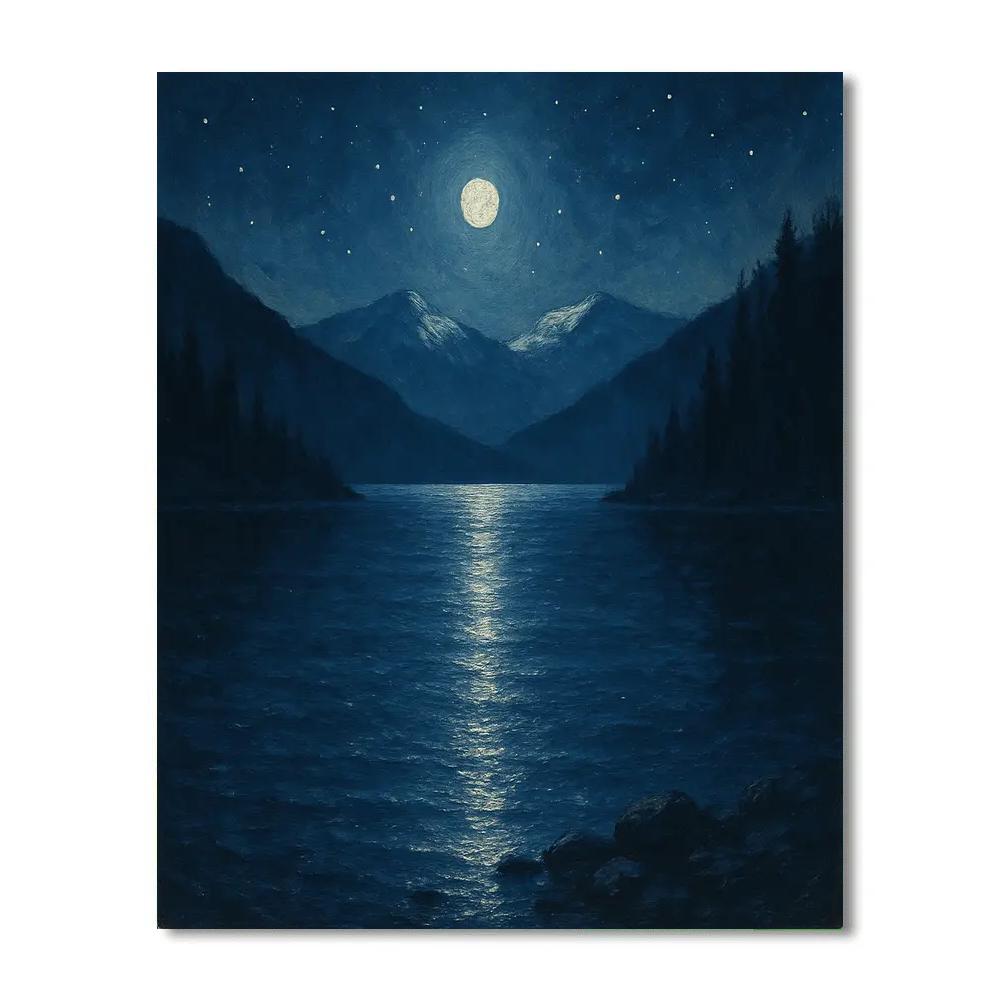 Moonbeam Path Across Silent Mountain Lake Painting by numbers kit