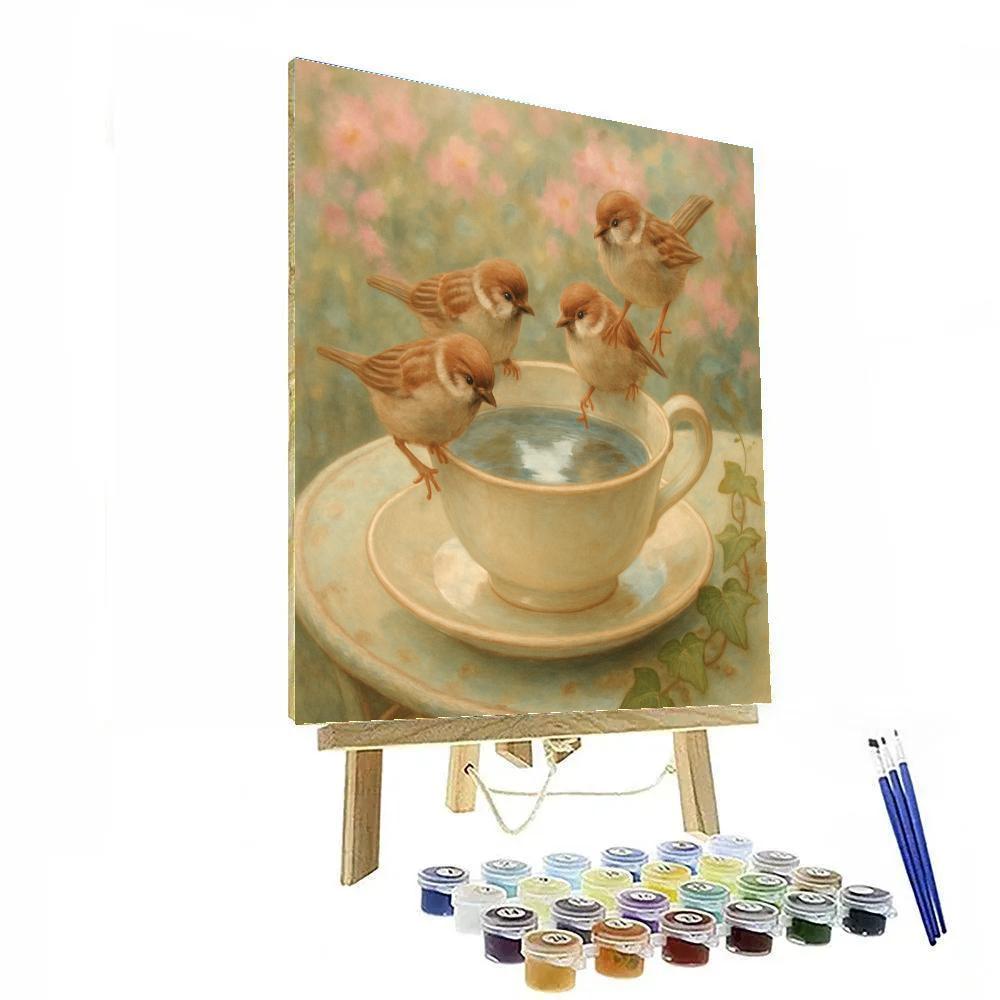 Garden Teacup Sparrows Numbered painting kits