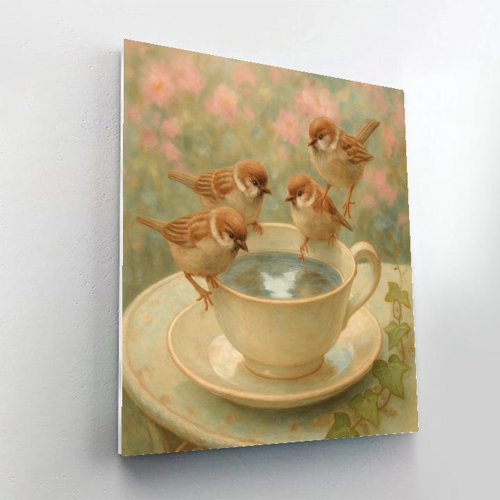 Garden Teacup Sparrows Numbered painting kits