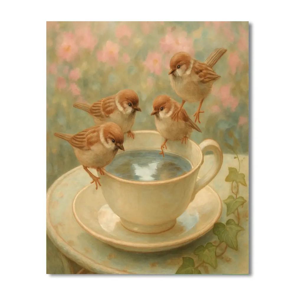 Garden Teacup Sparrows Numbered painting kits