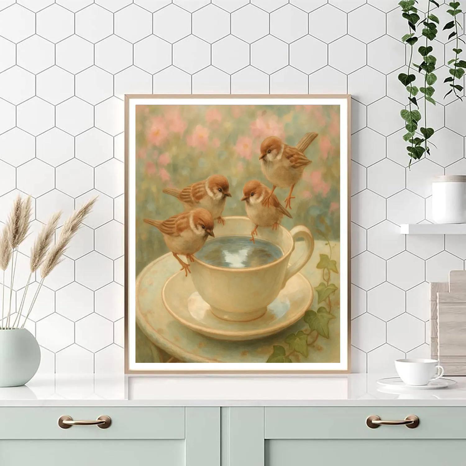 Garden Teacup Sparrows Numbered painting kits