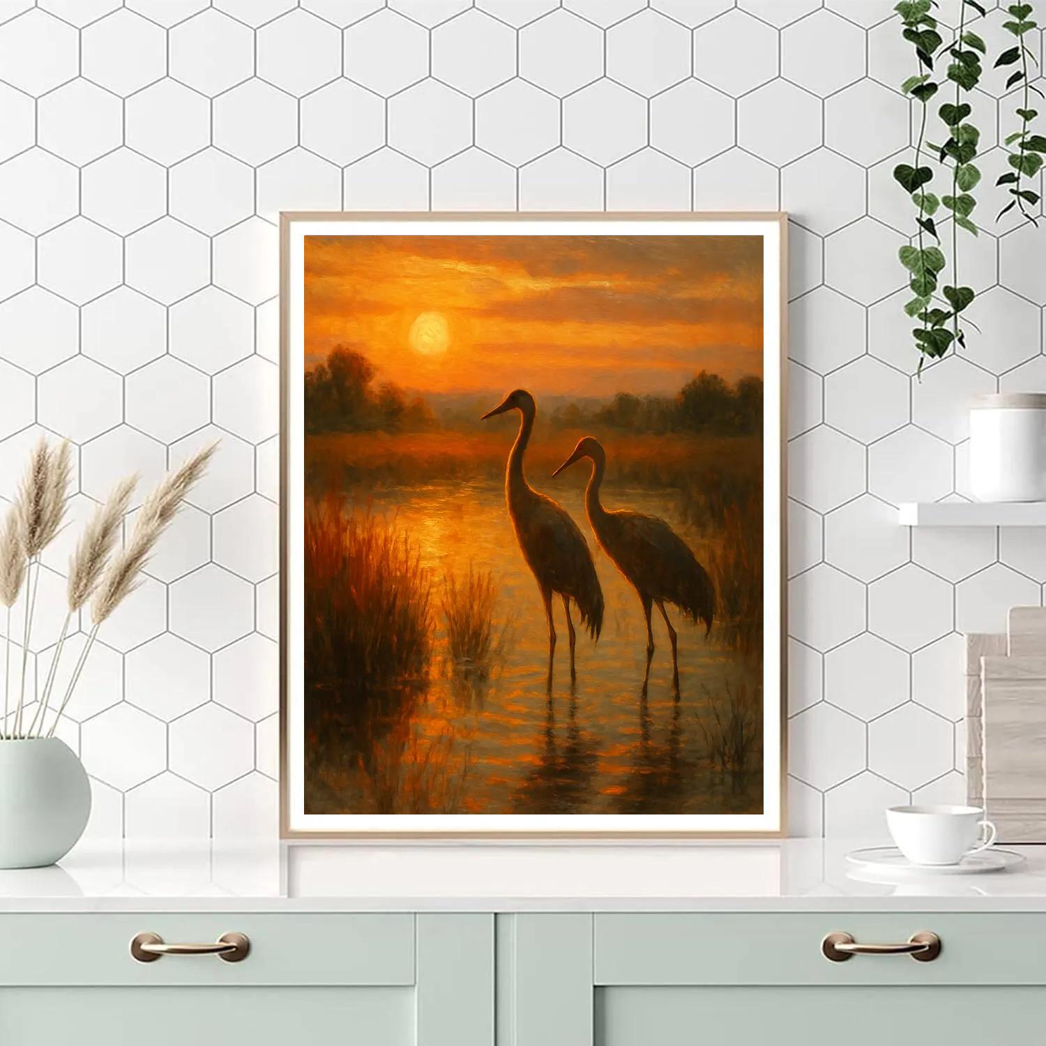 Golden Marsh Cranes At Dusk Painting by numbers kit