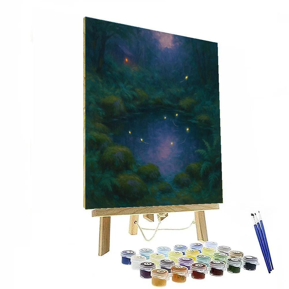 Hidden Forest Pond With Fireflies At Dusk Number painting