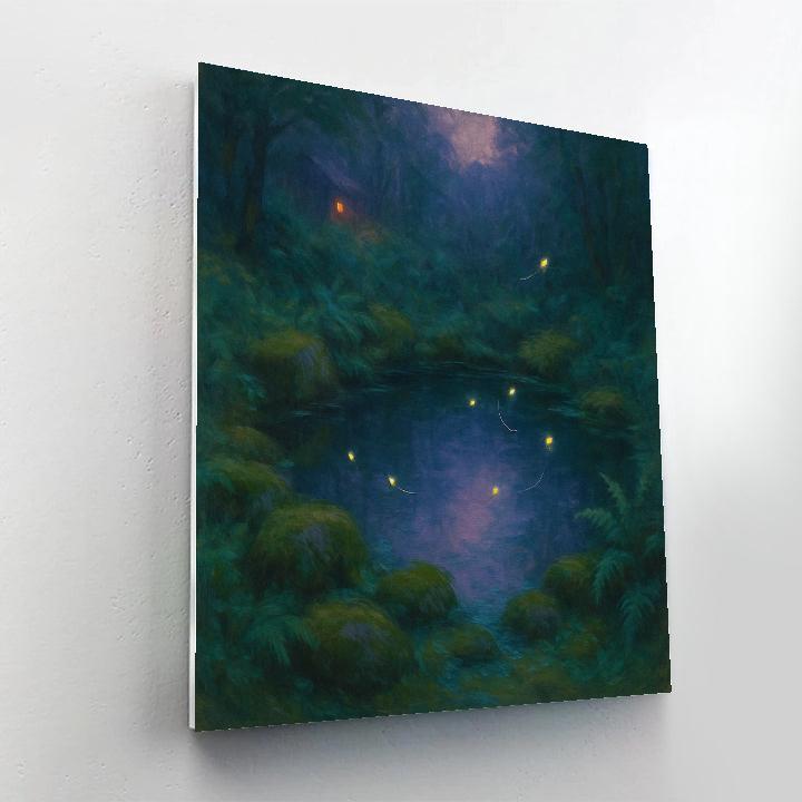 Hidden Forest Pond With Fireflies At Dusk Number painting