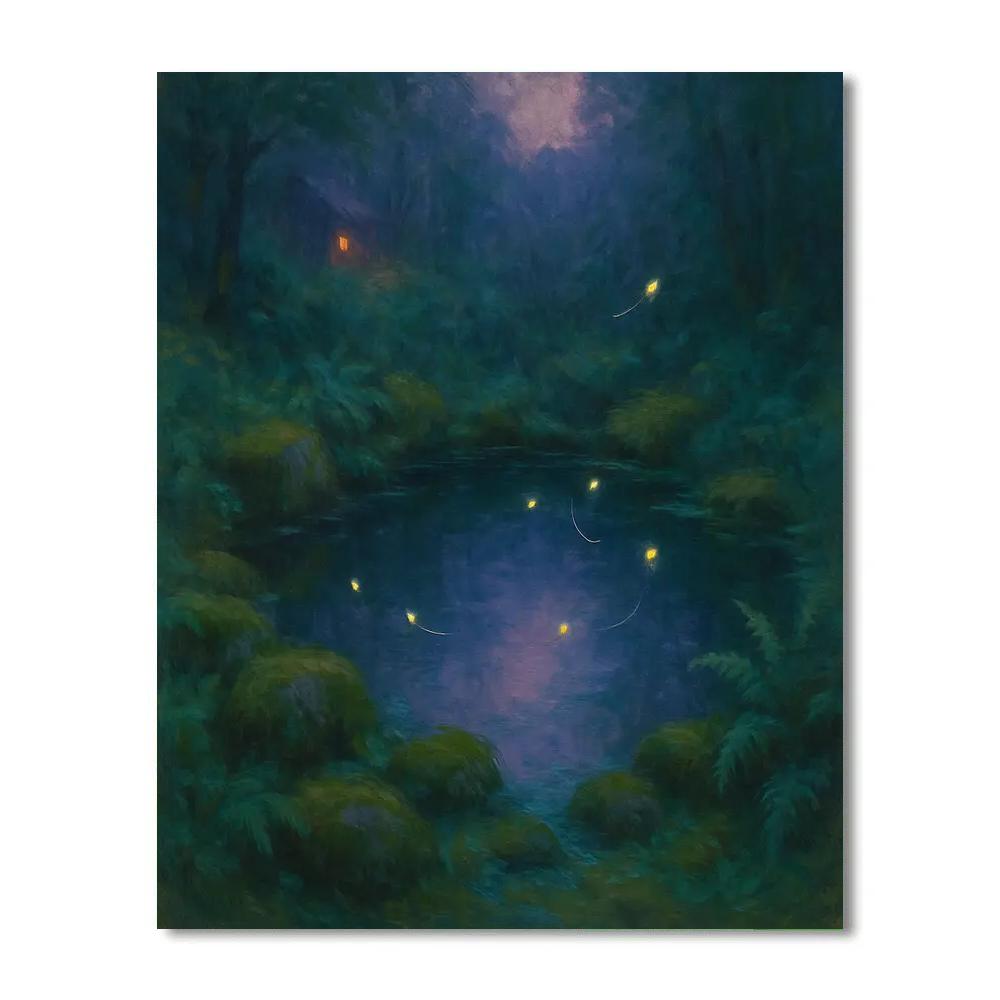 Hidden Forest Pond With Fireflies At Dusk Number painting