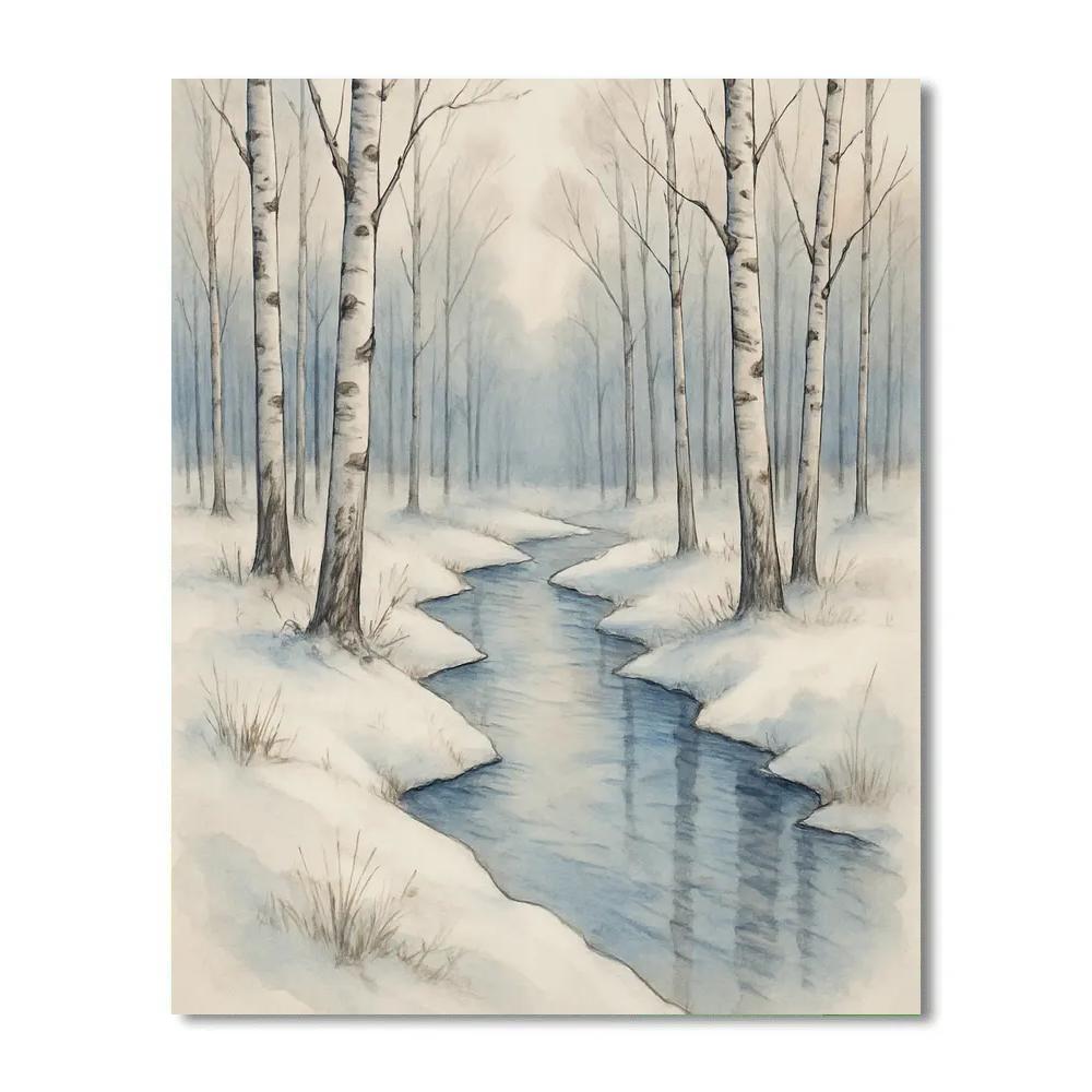 Silver Creek Beneath Frosted Birches paint by number
