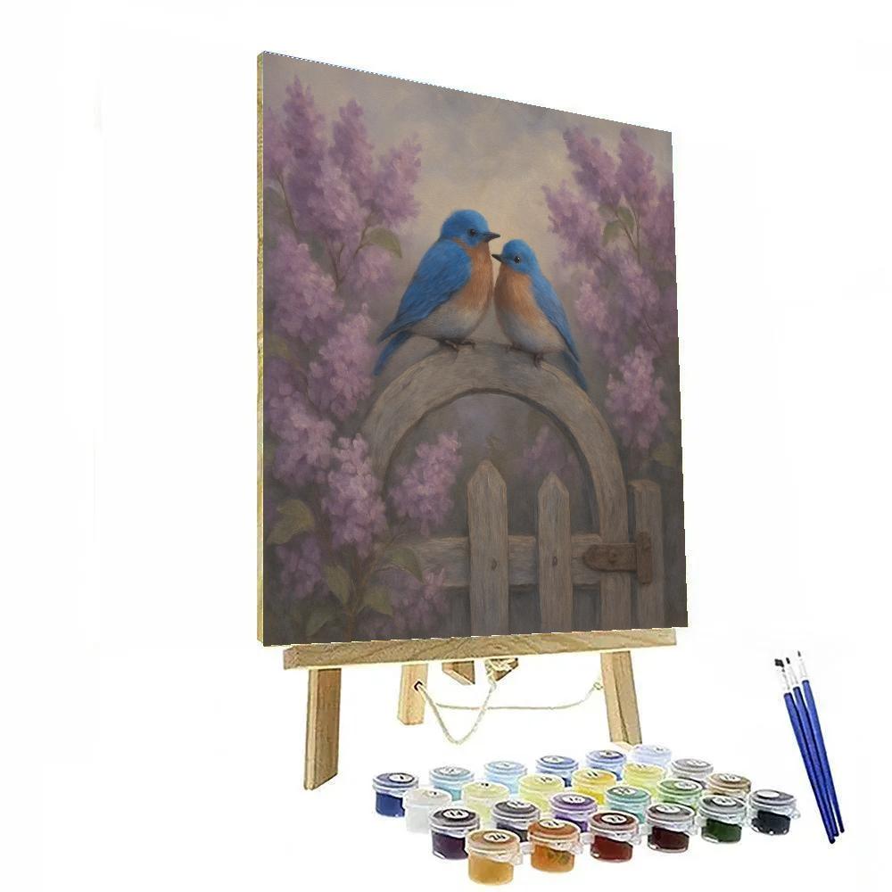 Lilac Dusk Bluebirds On The Gate paint by number