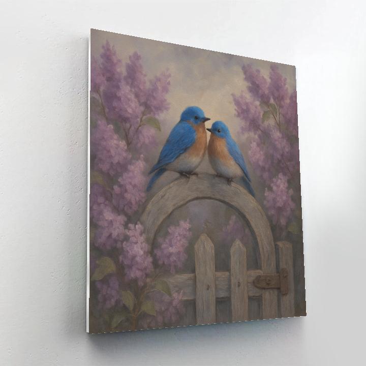Lilac Dusk Bluebirds On The Gate paint by number