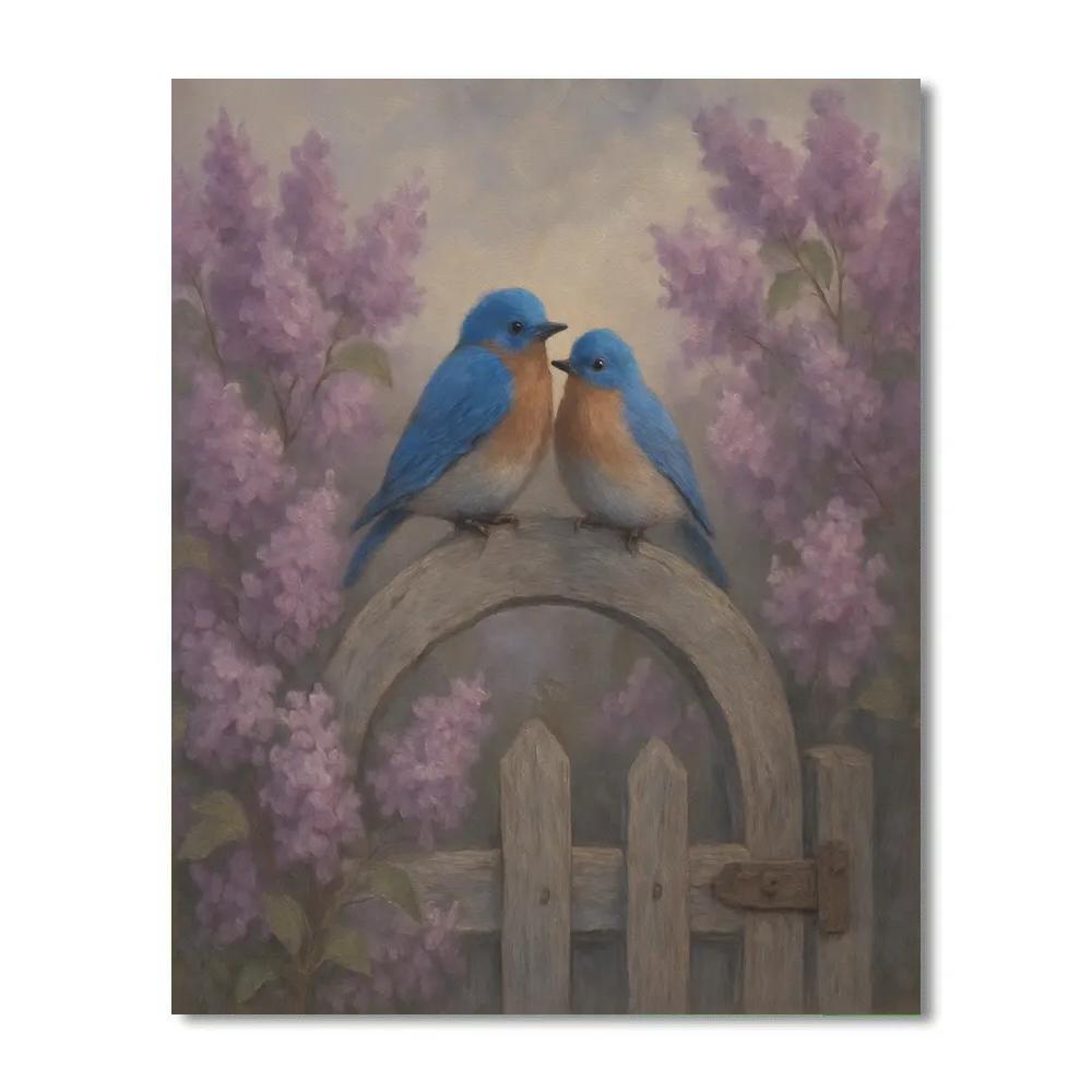 Lilac Dusk Bluebirds On The Gate paint by number