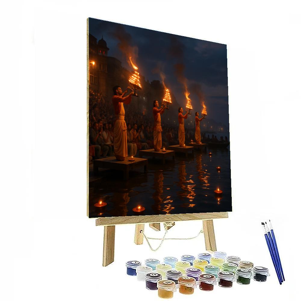 Ganges Aarti Ceremony In Varanasi At Dusk paint by number
