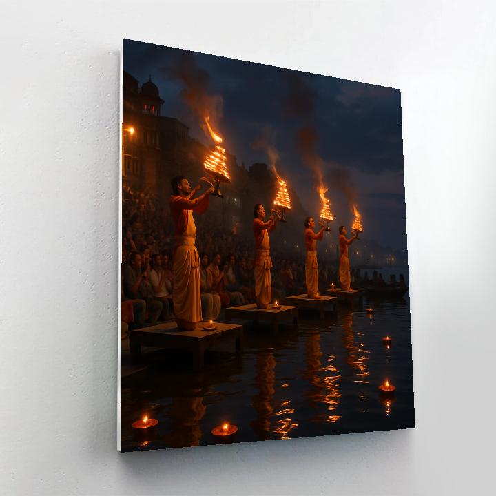 Ganges Aarti Ceremony In Varanasi At Dusk paint by number