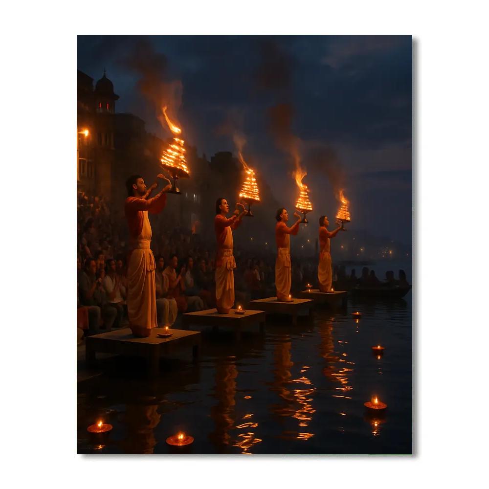 Ganges Aarti Ceremony In Varanasi At Dusk paint by number