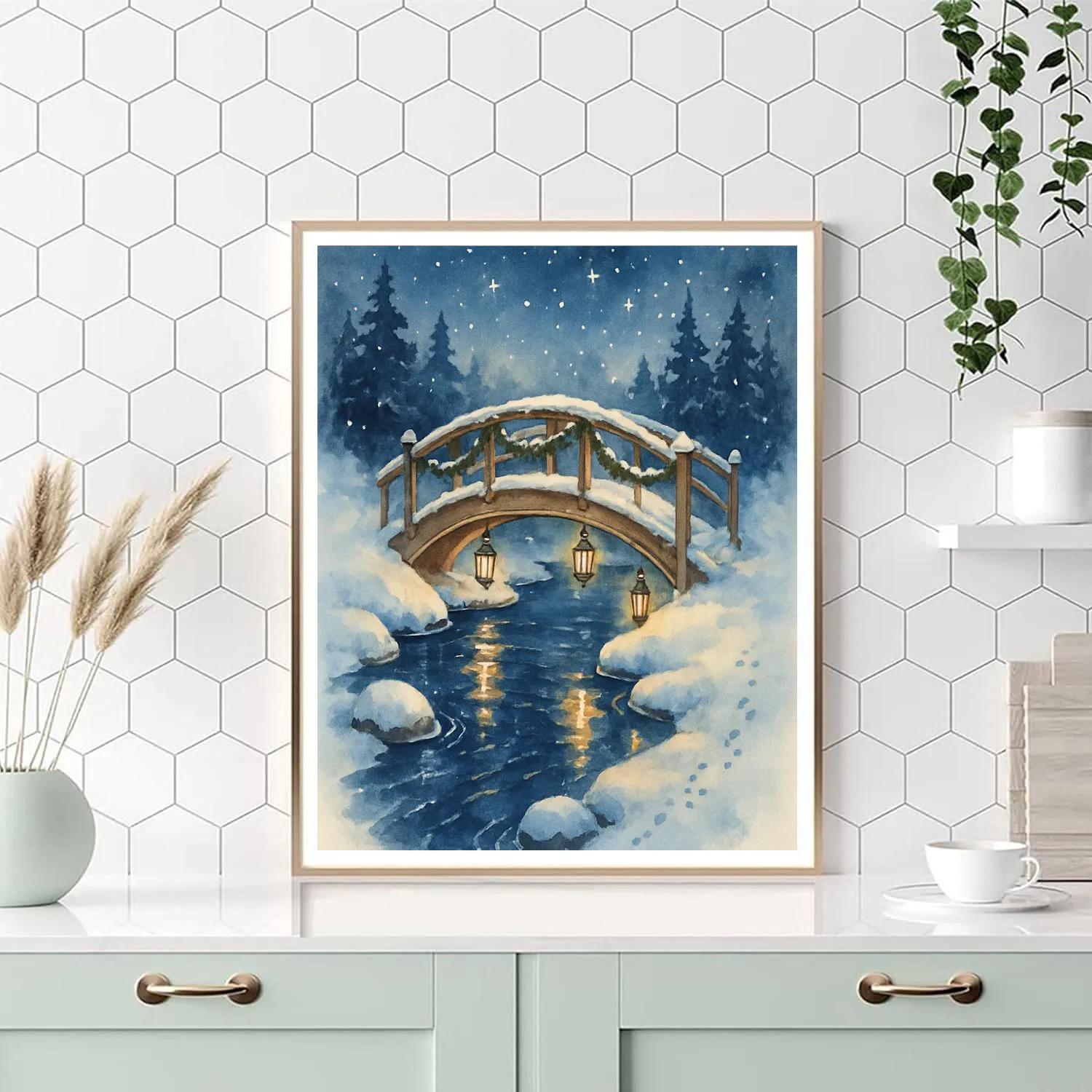 Snowy Lantern Bridge Over The Creek Number painting