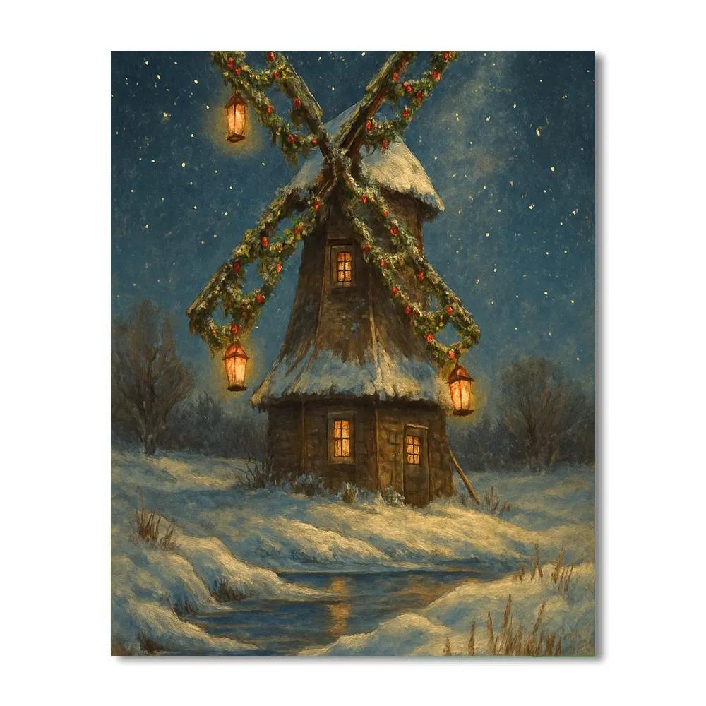 Snow Covered Windmill Under The Stars Numbered painting kits