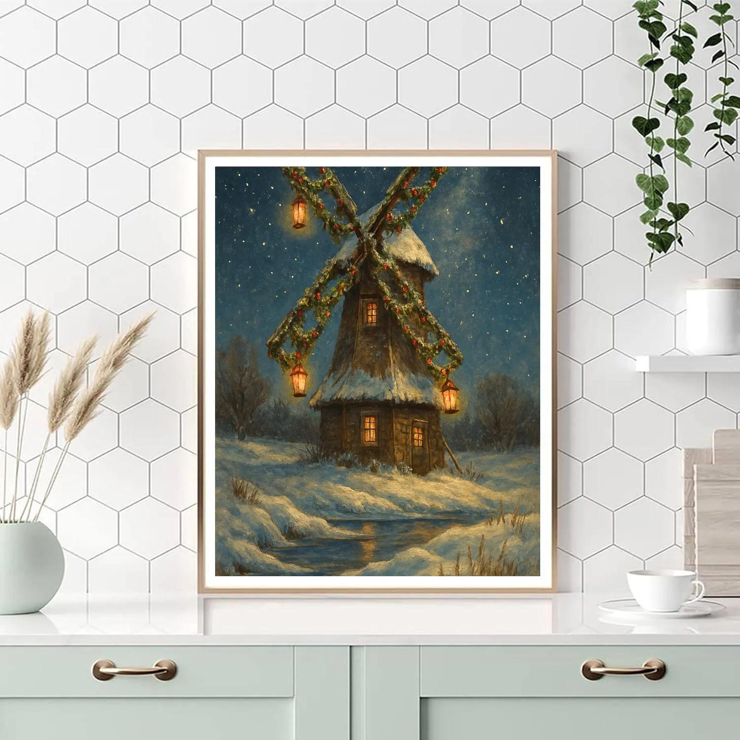Snow Covered Windmill Under The Stars Numbered painting kits