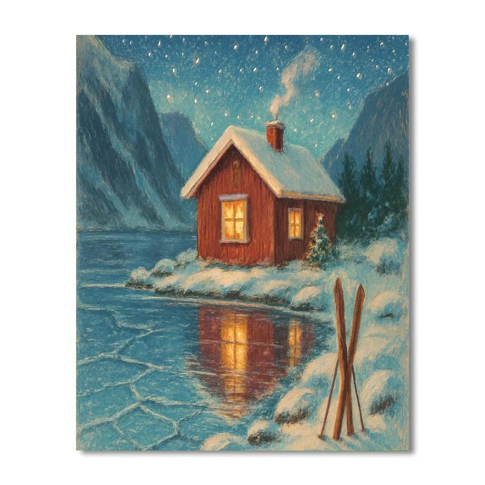Christmas Cabin On The Frozen Fjord paint by color
