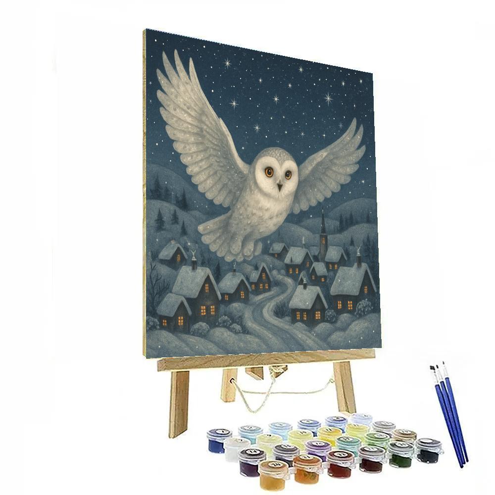 Snow Owl Over Winter Village paint by numbers