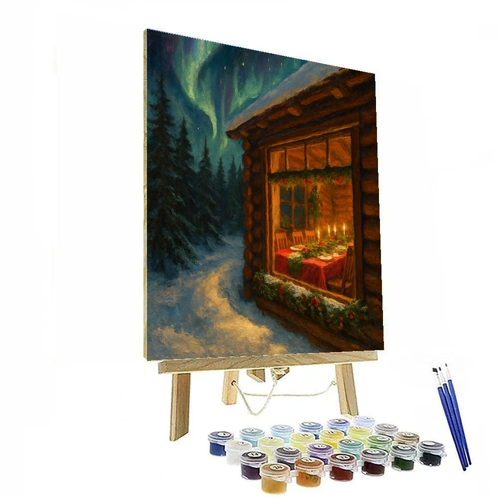 Northern Lights Forest Cabin Feast Paint by numbers art