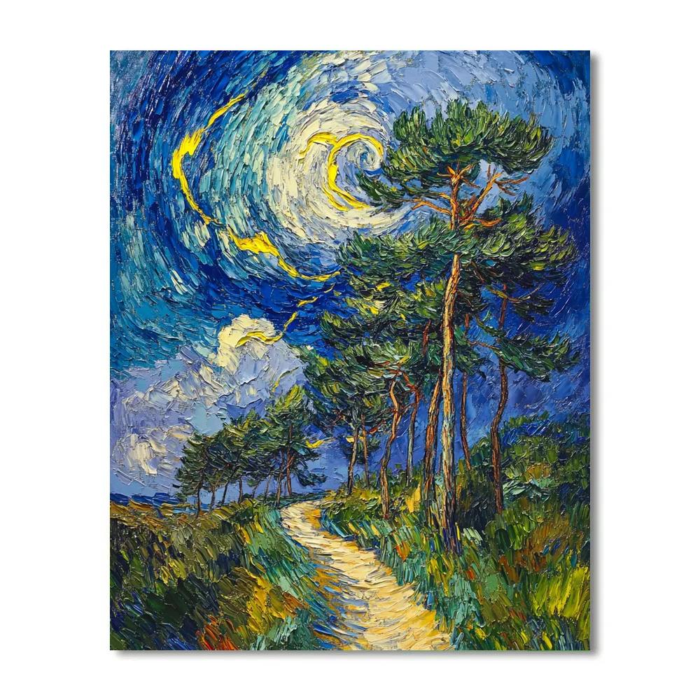 Van Gogh Inspired Stormy Forest Path paint by number