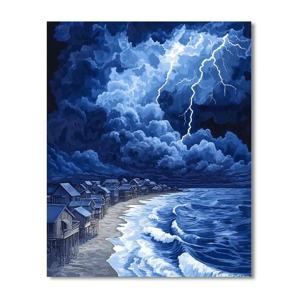 Hokusai Inspired Thunderstorm Over Fishing Village Numbered painting kits
