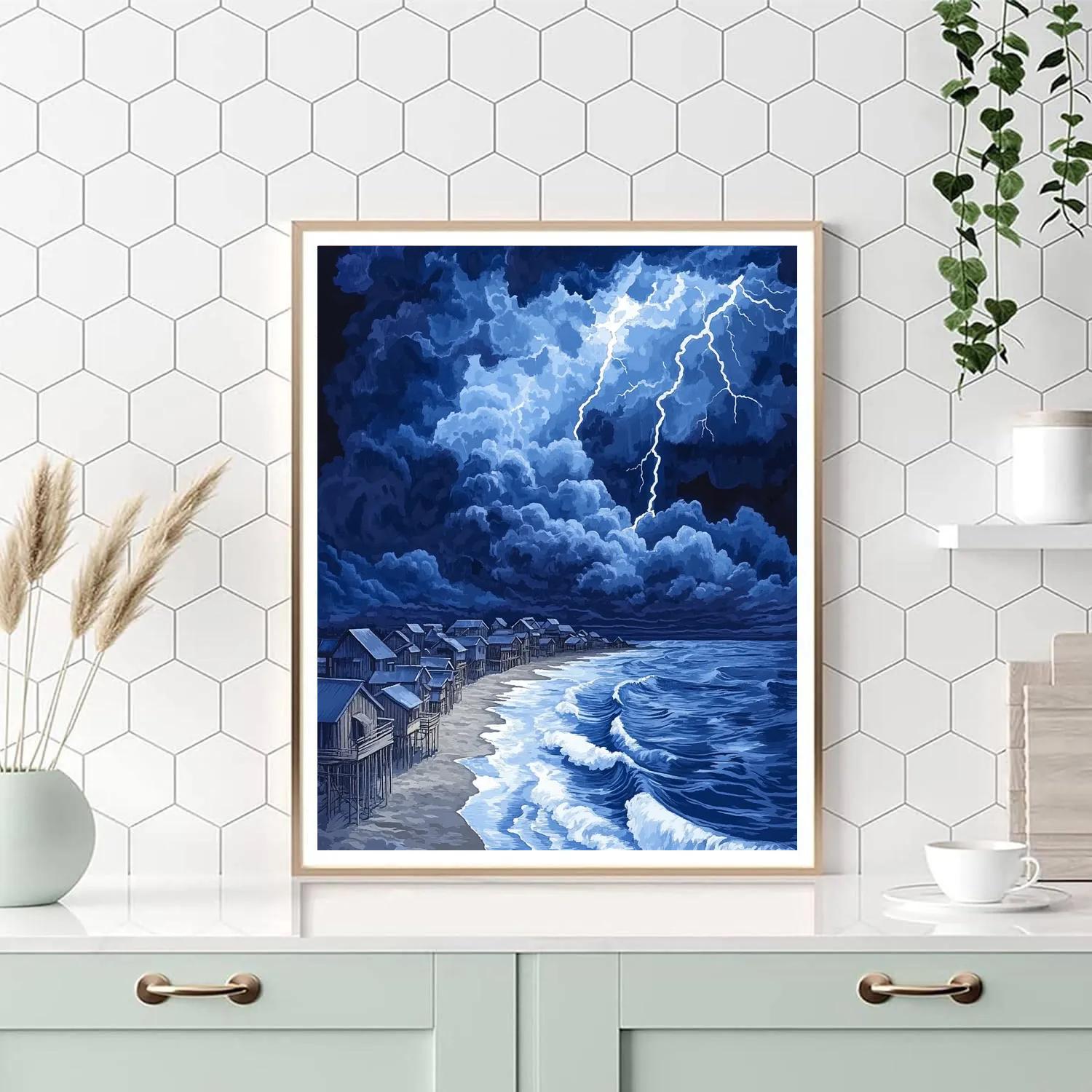 Hokusai Inspired Thunderstorm Over Fishing Village Numbered painting kits