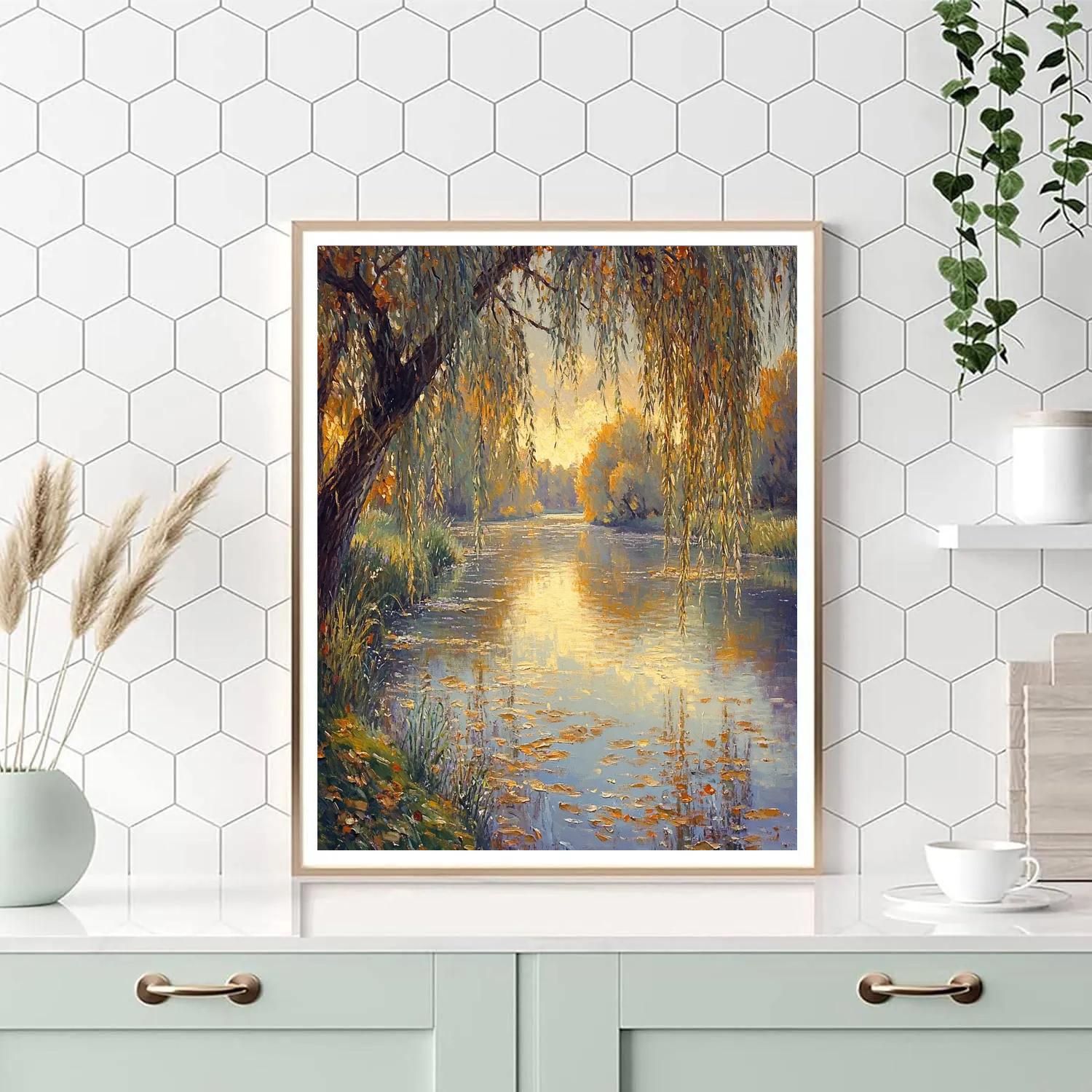 Claude Monet Inspired Autumn Willow River Reflections Paint by numbers art
