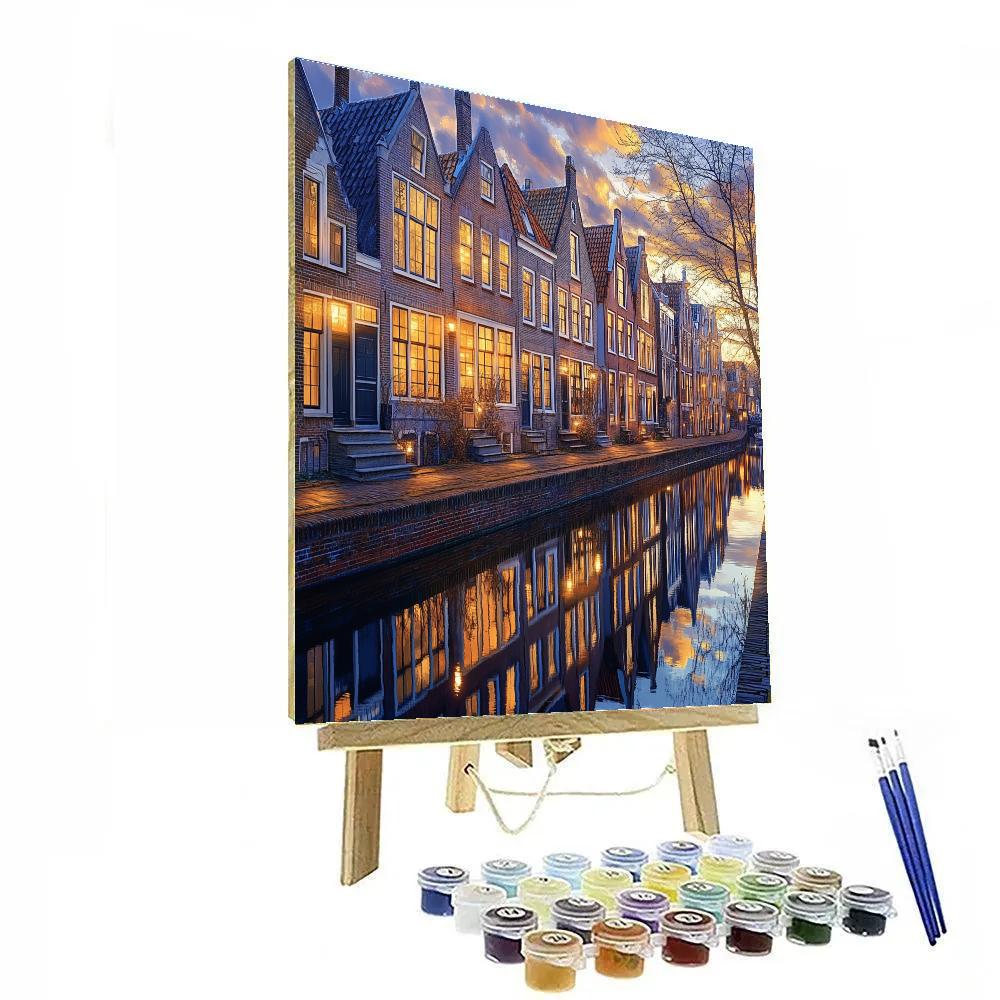 Johannes Vermeer Inspired Golden Evening Over Delft Canal Houses Numbered painting kits